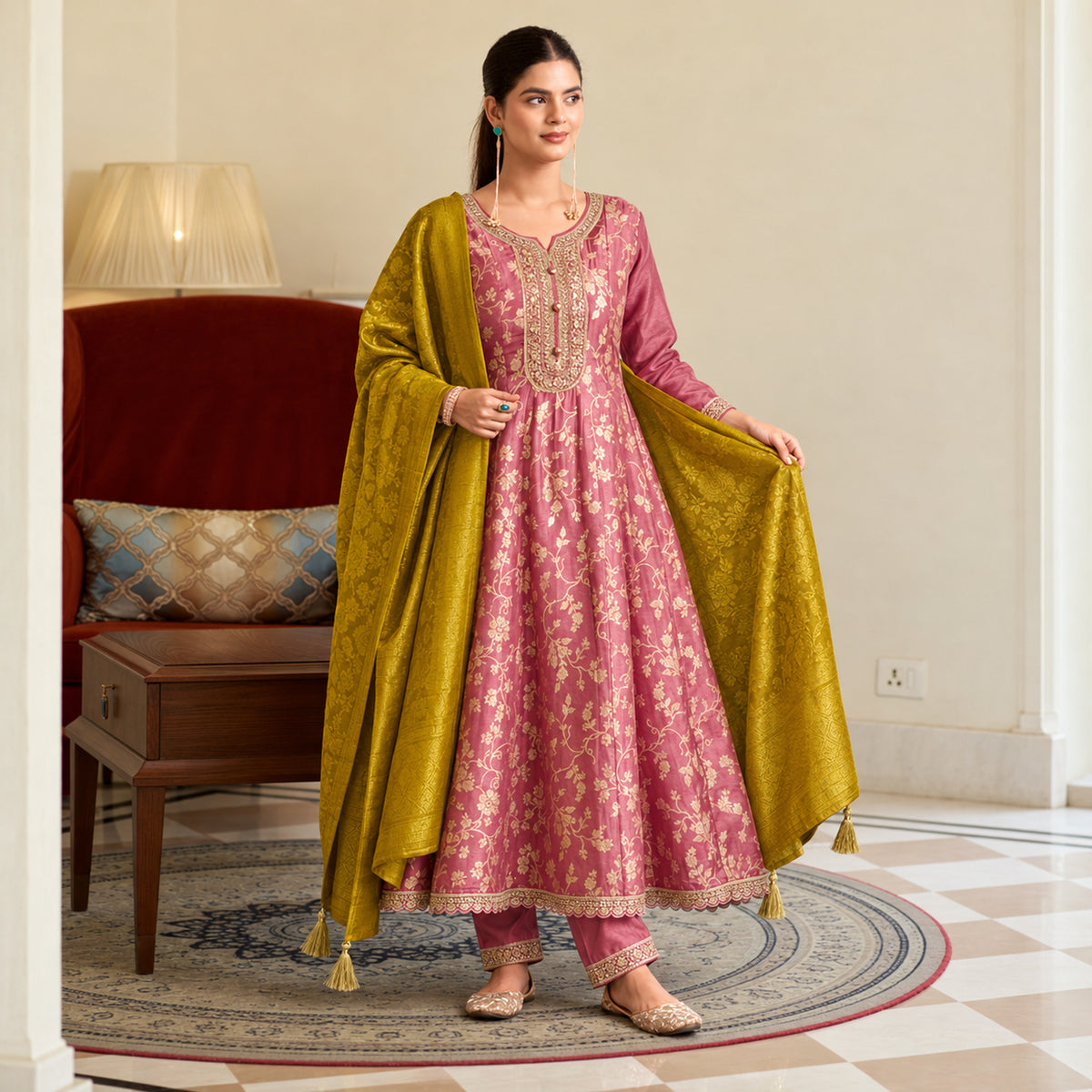 Rose pink floral Anarkali suit for women with flared kurta, matching trousers and contrasting mustard dupatta