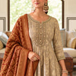 Royal beige gold Anarkali suit for women with flared kurta, matching trousers and contrasting maroon dupatta