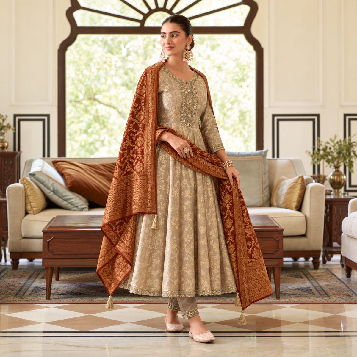 Royal beige gold Anarkali suit for women with flared kurta, matching trousers and contrasting maroon dupatta