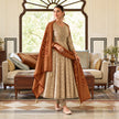 Royal beige gold Anarkali suit for women with flared kurta, matching trousers and contrasting maroon dupatta