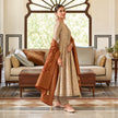 Royal beige gold Anarkali suit for women with flared kurta, matching trousers and contrasting maroon dupatta