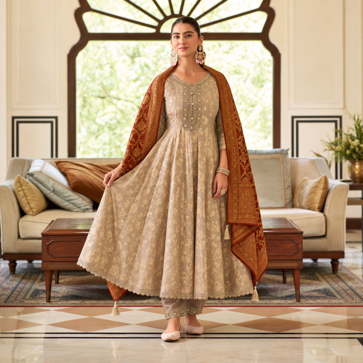 Royal beige gold Anarkali suit for women with flared kurta, matching trousers and contrasting maroon dupatta
