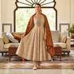 Royal beige gold Anarkali suit for women with flared kurta, matching trousers and contrasting maroon dupatta