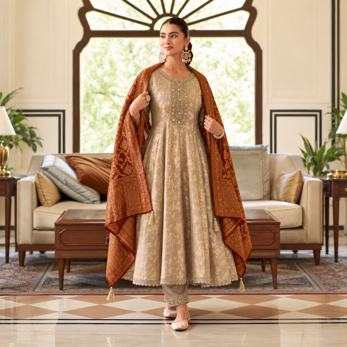 Royal beige gold Anarkali suit for women with flared kurta, matching trousers and contrasting maroon dupatta
