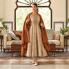 Royal beige gold Anarkali suit for women with flared kurta, matching trousers and contrasting maroon dupatta