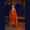 Rust orange royal embroidered Anarkali suit for women with flared kurta, matching wide-leg trousers and coordinating dupatta
