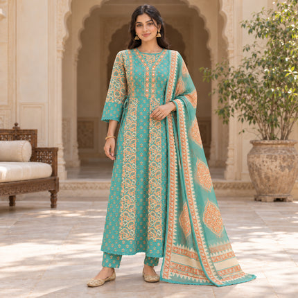 Sea green cotton mirror work dupatta suit for women with cream and rust paisley motifs and delicate floral prints