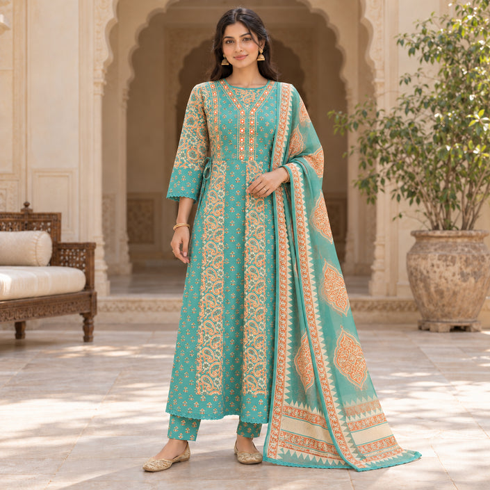 Sea green cotton mirror work dupatta suit for women with cream and rust paisley motifs and delicate floral prints