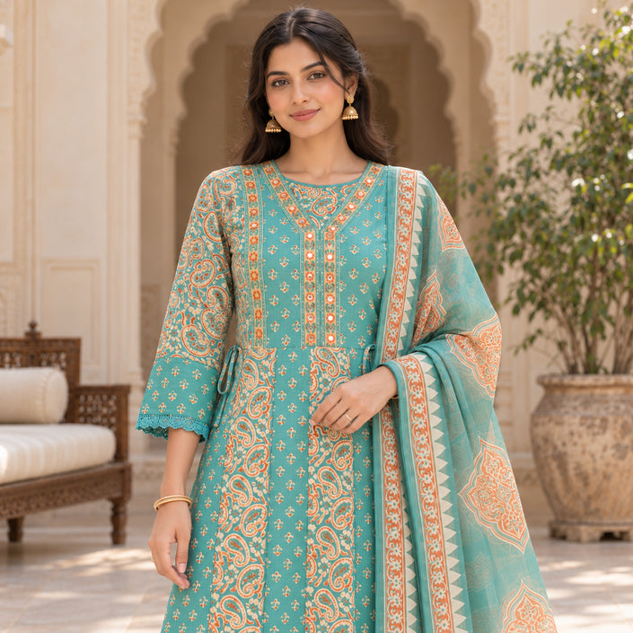 Sea green cotton mirror work dupatta suit for women with cream and rust paisley motifs and delicate floral prints