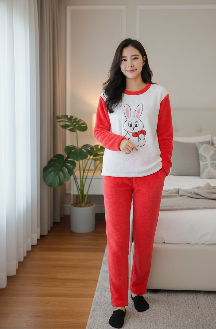 Print Fleece Winter Night Suit for Women-Red and White