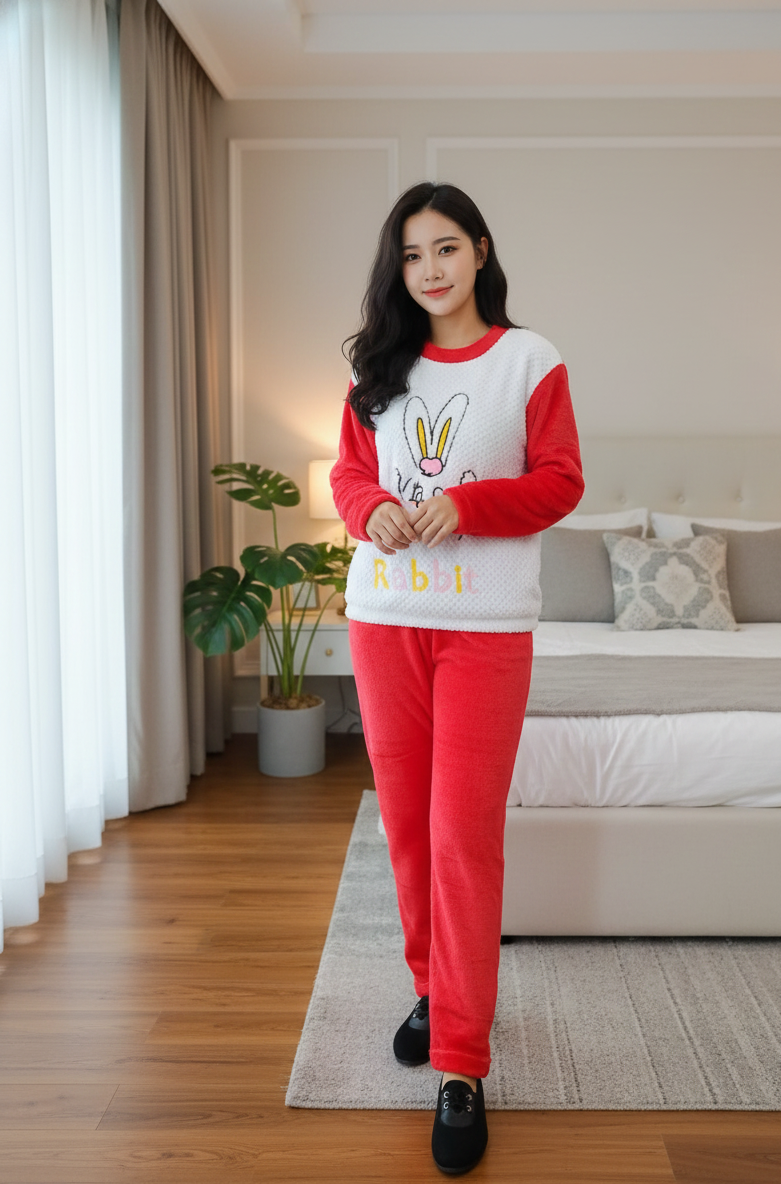 Print Fleece Winter Night Suit for Women-Red and White