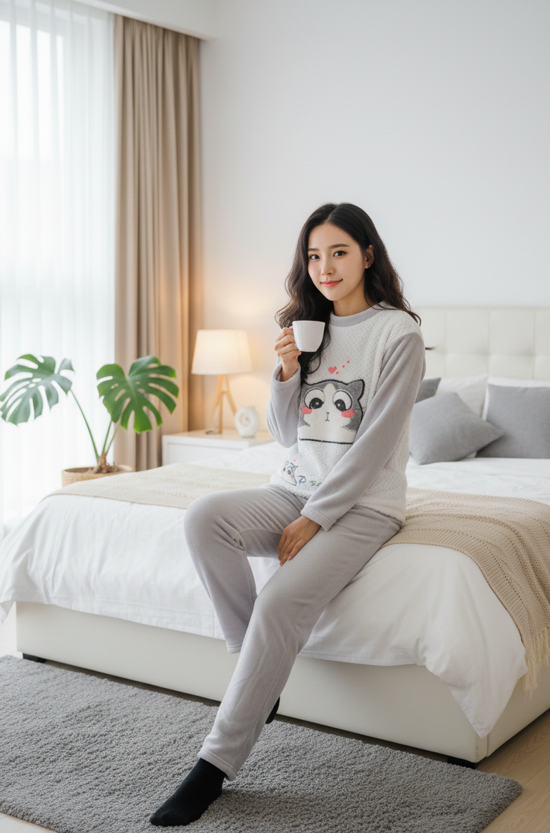 Print Fleece Winter Night Suit for Women-Grey and White