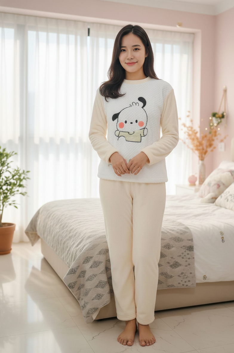 Print Fleece Winter Night Suit for Women-Cream and White