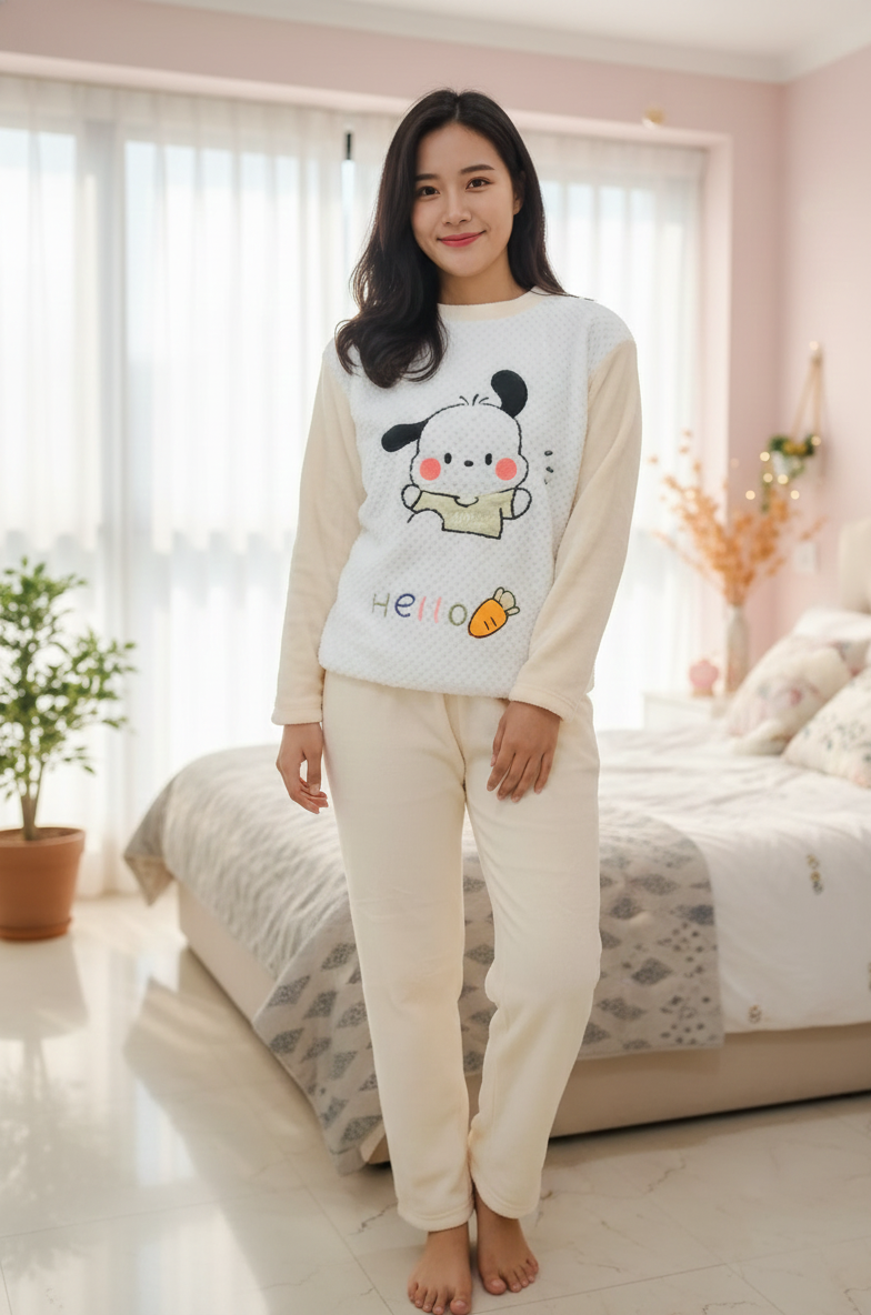 Print Fleece Winter Night Suit for Women-Cream and White