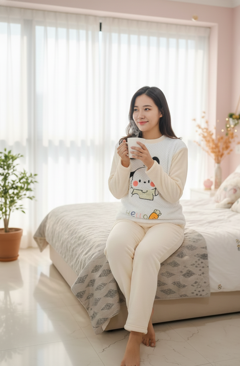 Print Fleece Winter Night Suit for Women-Cream and White