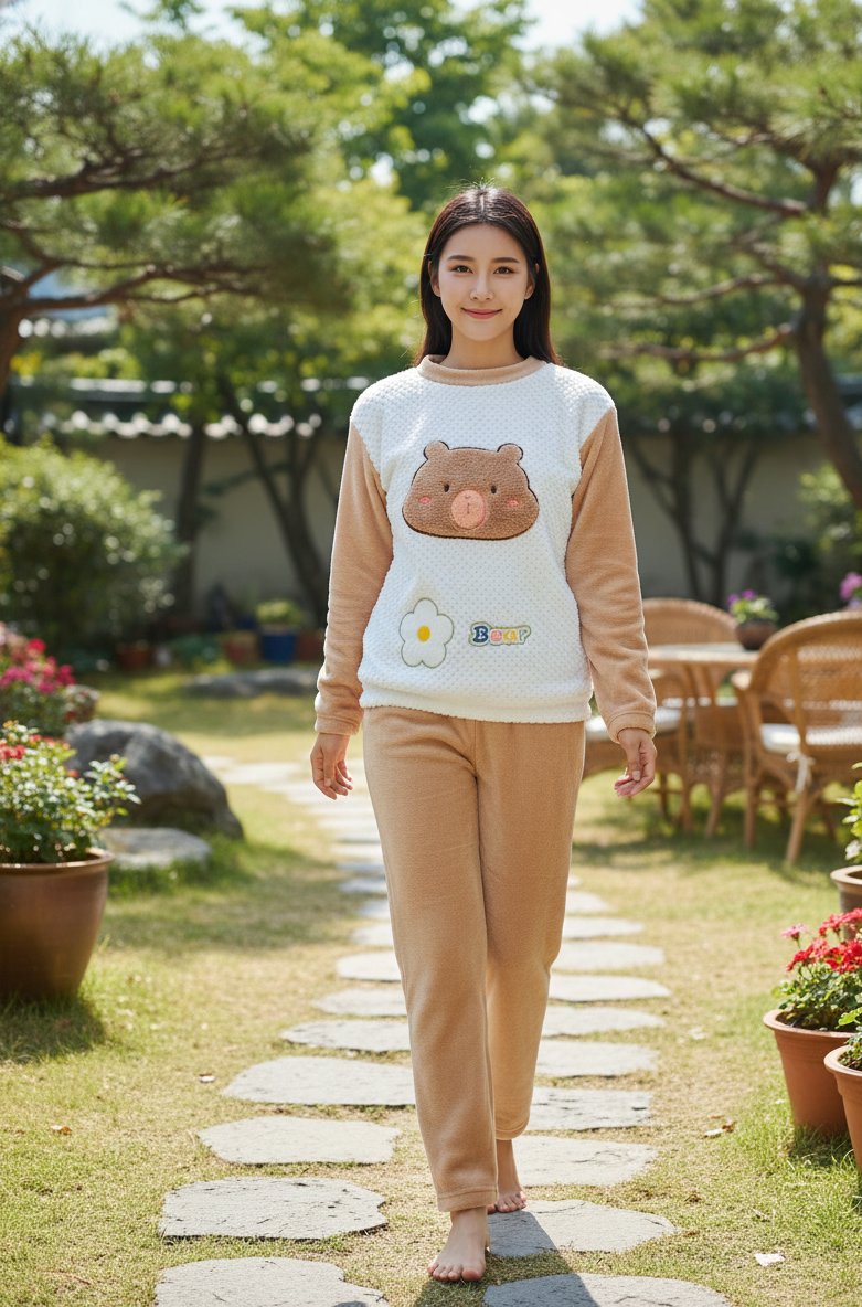 Print Fleece Winter Night Suit for Women-Brown and white