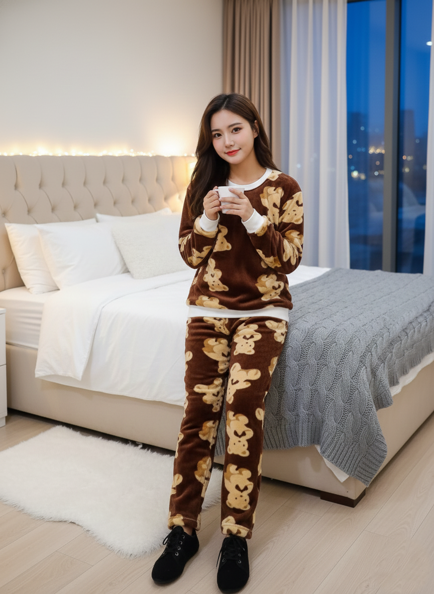 Plush Fleece Night Suit Pattern-Brown