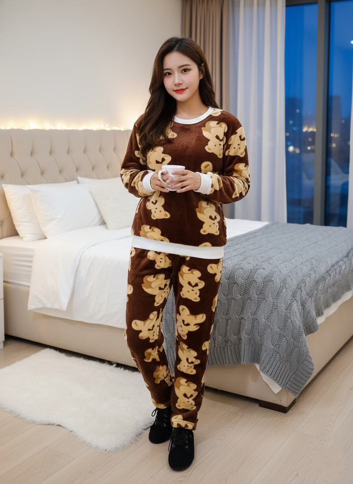 Plush Fleece Night Suit Pattern-Brown