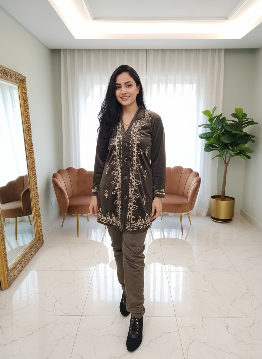 Brown Velvet Embroidered Long Cord Set