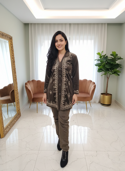 Brown Velvet Embroidered Long Cord Set