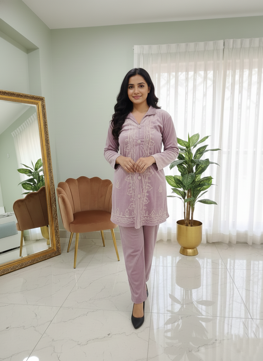 Purple Velvet Embroidered Long Cord Set