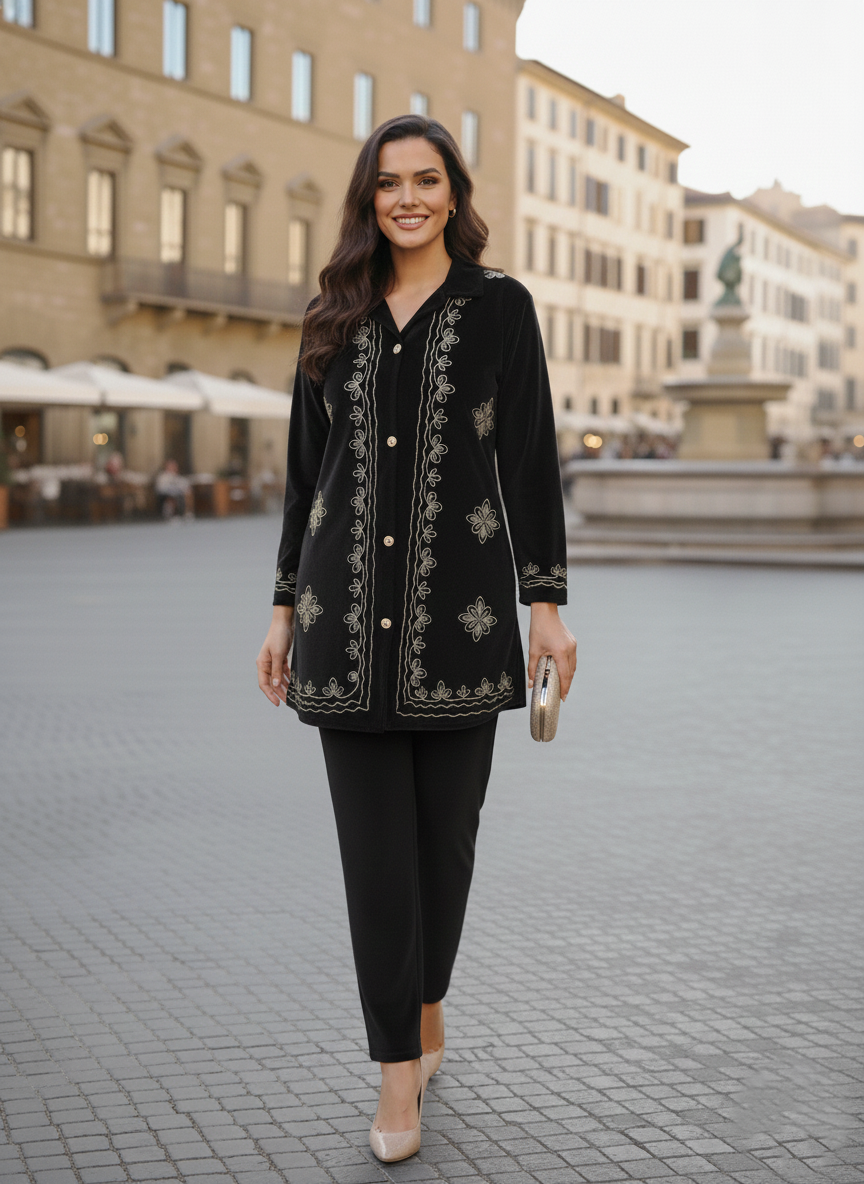 Black Velvet Embroidered Long Cord Set