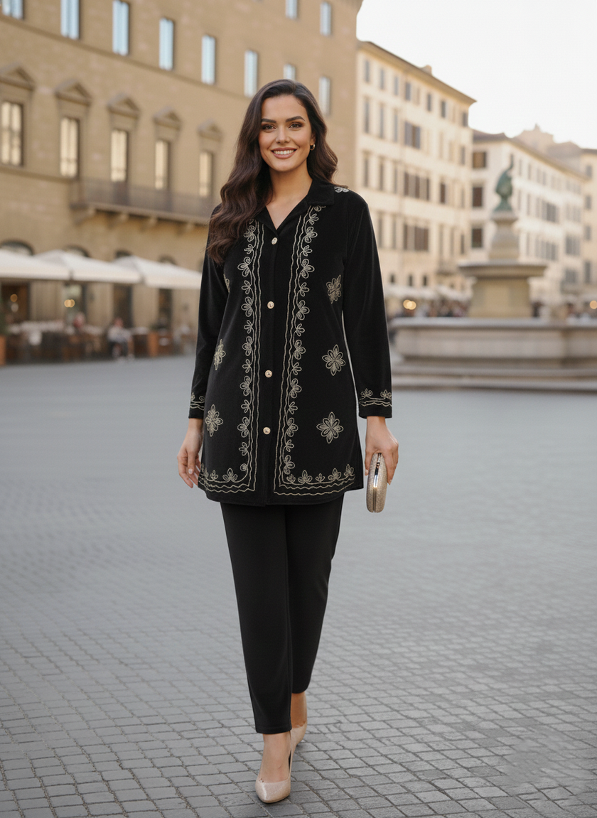 Black Velvet Embroidered Long Cord Set
