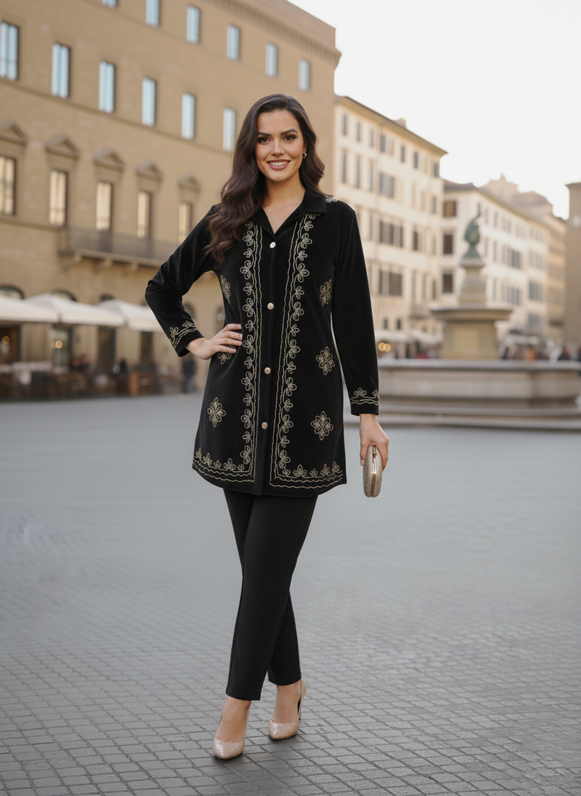 Black Velvet Embroidered Long Cord Set