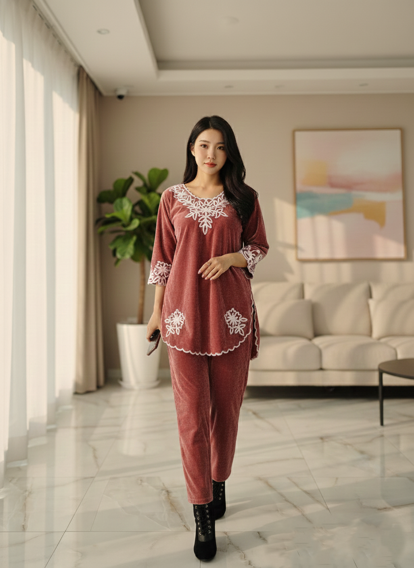 Peach Velvet Embroidered Cord Set