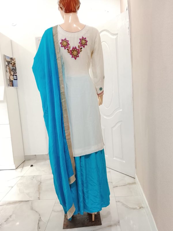 White Suit With Blue Lehnga - Image 5