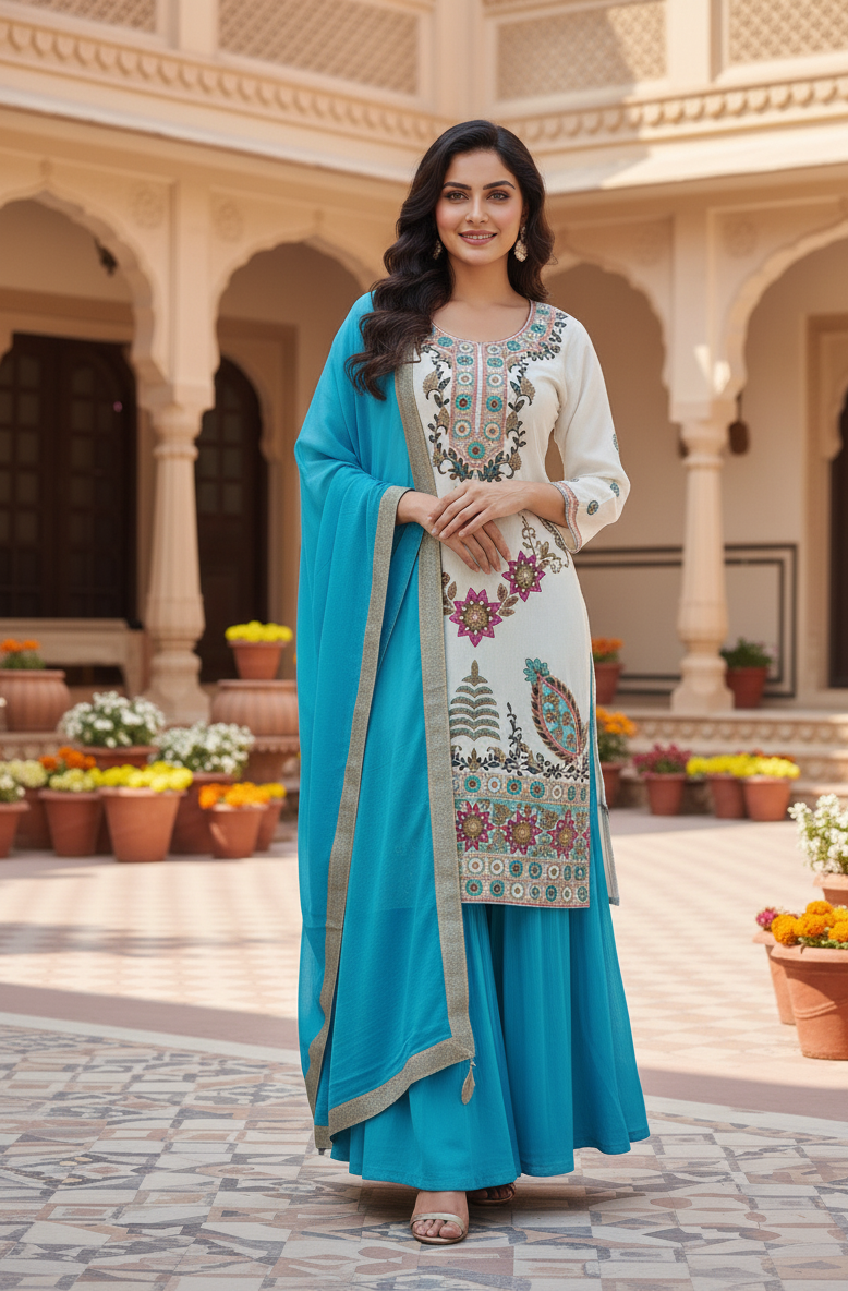 White Suit With Blue Lehnga - Image 4