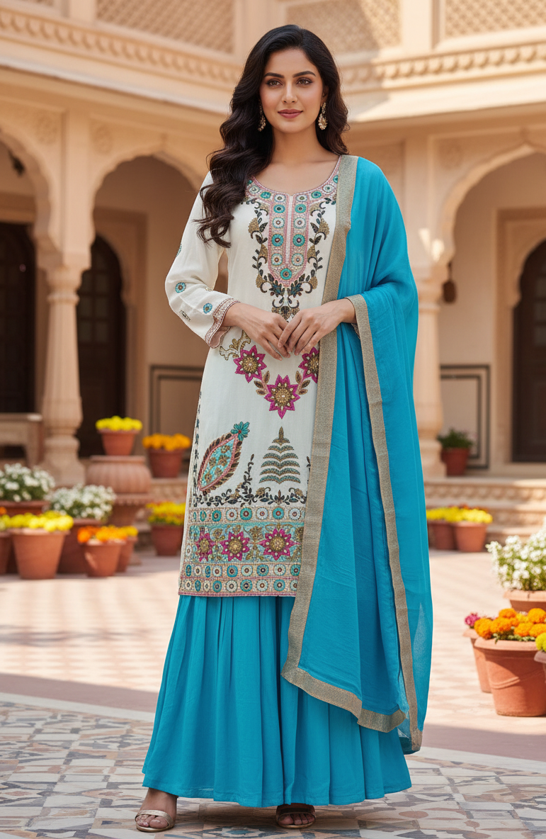 White Suit With Blue Lehnga