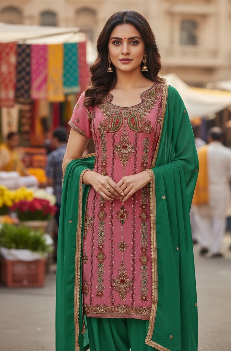 Pink Suit With Green Salwar - Image 2