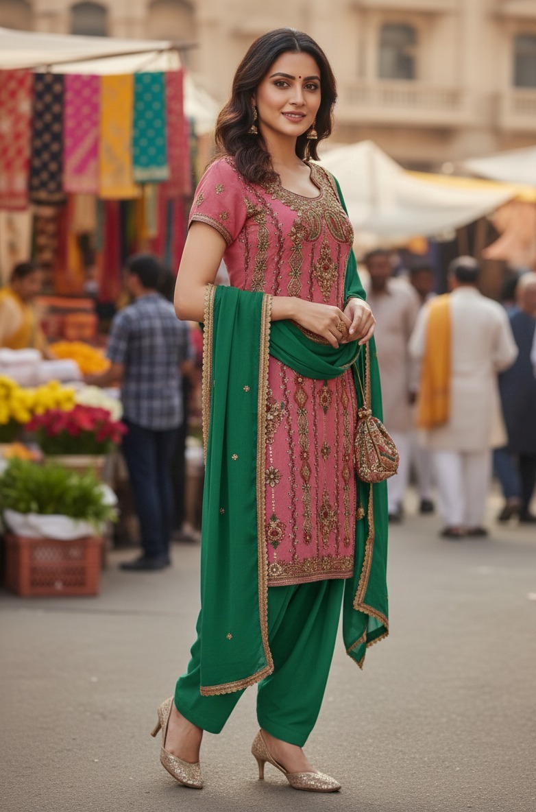 Pink Suit With Green Salwar - Image 4