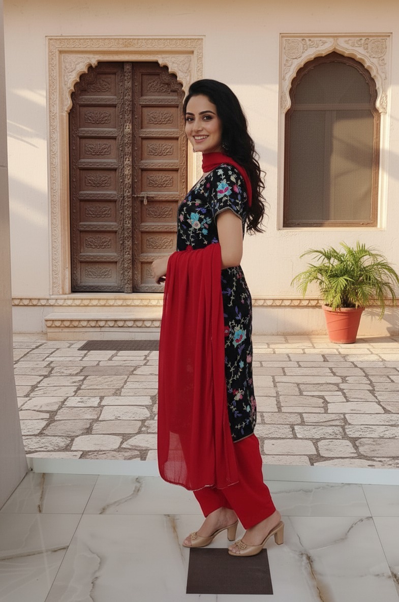 Black Suit With Red Salwar - Image 5