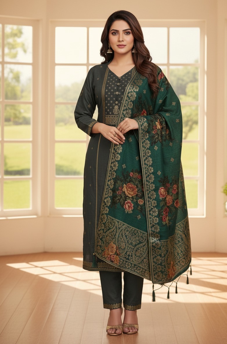 Grey Suit With Green Dupata