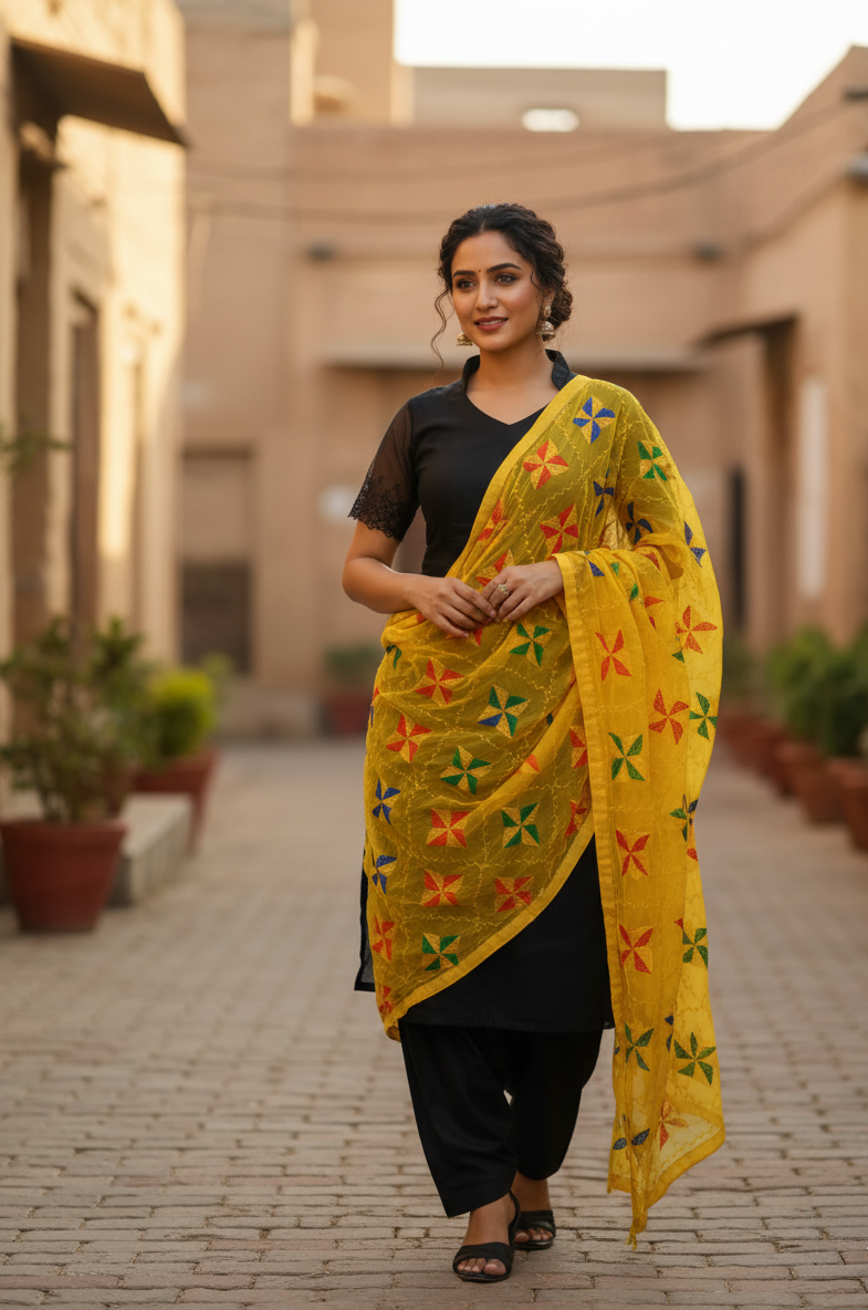 Black Suit With Yellow Dupatta