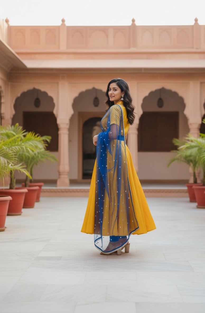 Yellow and Royal Blue Anarkali Suit - Image 6