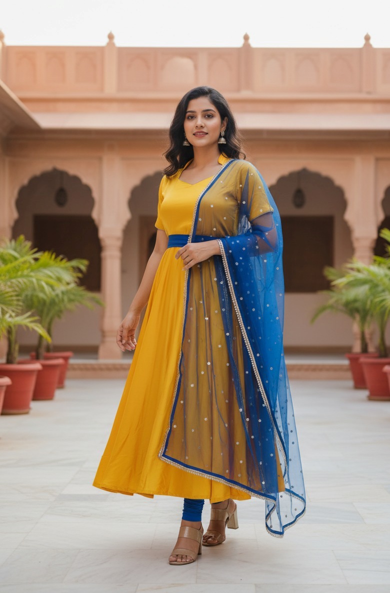 Yellow and Royal Blue Anarkali Suit - Image 4