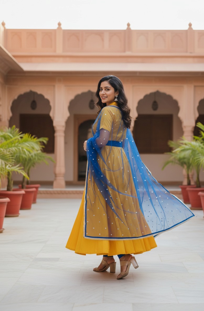 Yellow and Royal Blue Anarkali Suit - Image 5