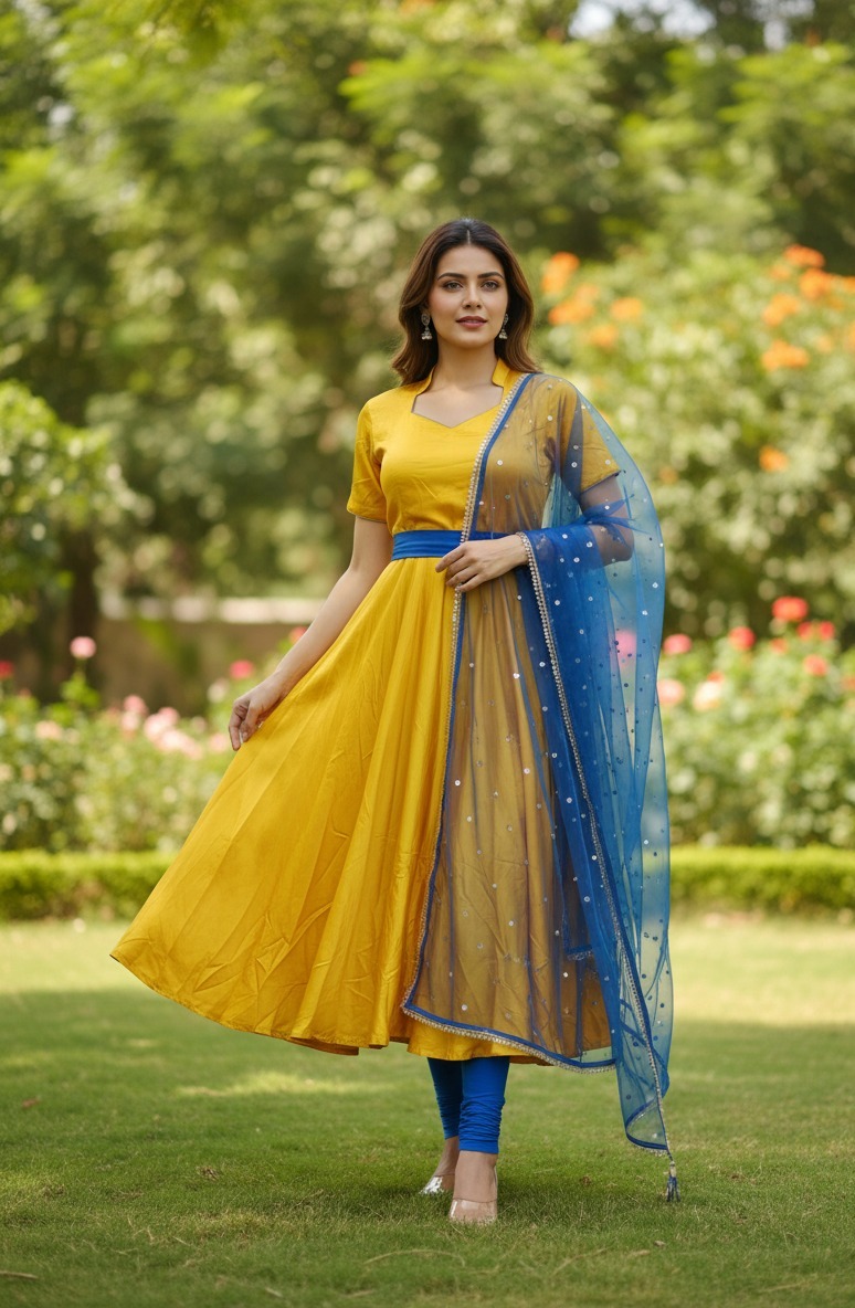 Yellow and Royal Blue Anarkali Suit - Image 2