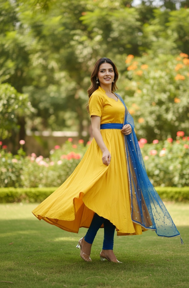 Yellow and Royal Blue Anarkali Suit - Image 3