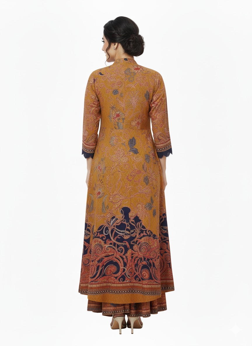 Mustard yellow and blue full length gown with shrug - Image 5