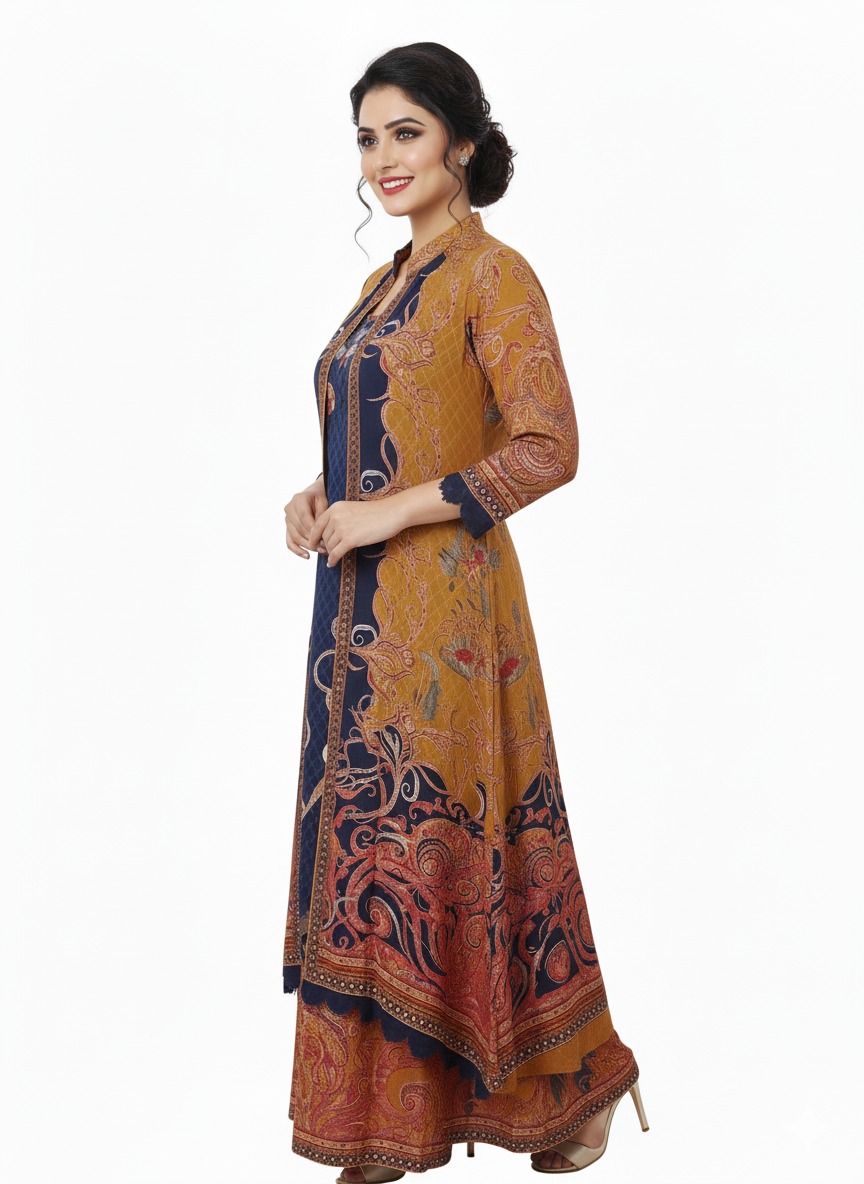 Mustard yellow and blue full length gown with shrug - Image 3