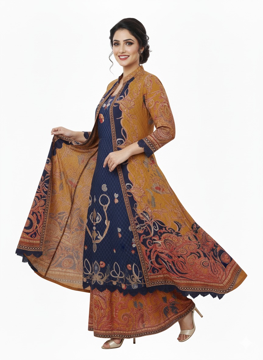 Mustard yellow and blue full length gown with shrug - Image 4