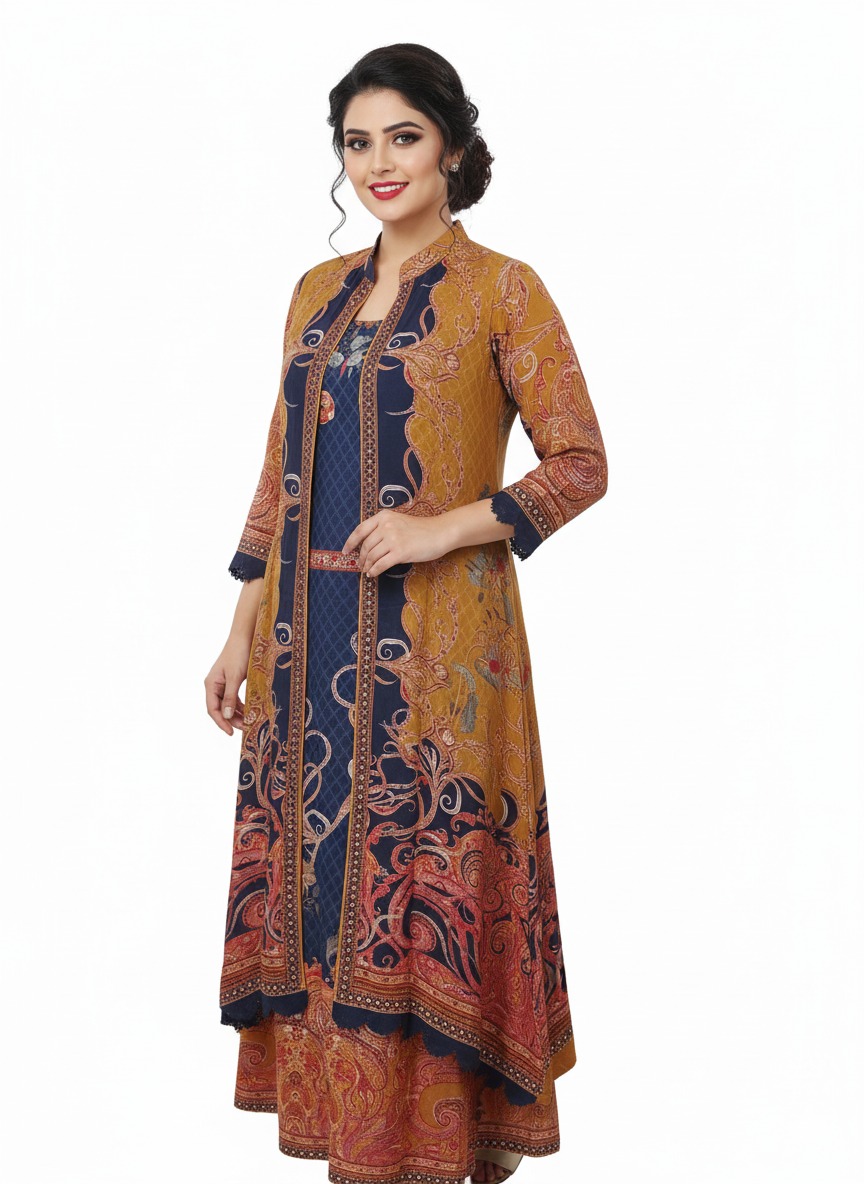 Mustard yellow and blue full length gown with shrug