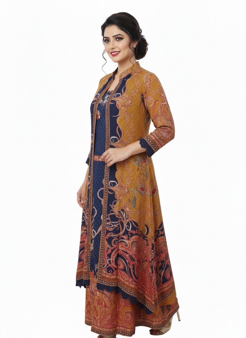 Mustard yellow and blue full length gown with shrug - Image 2