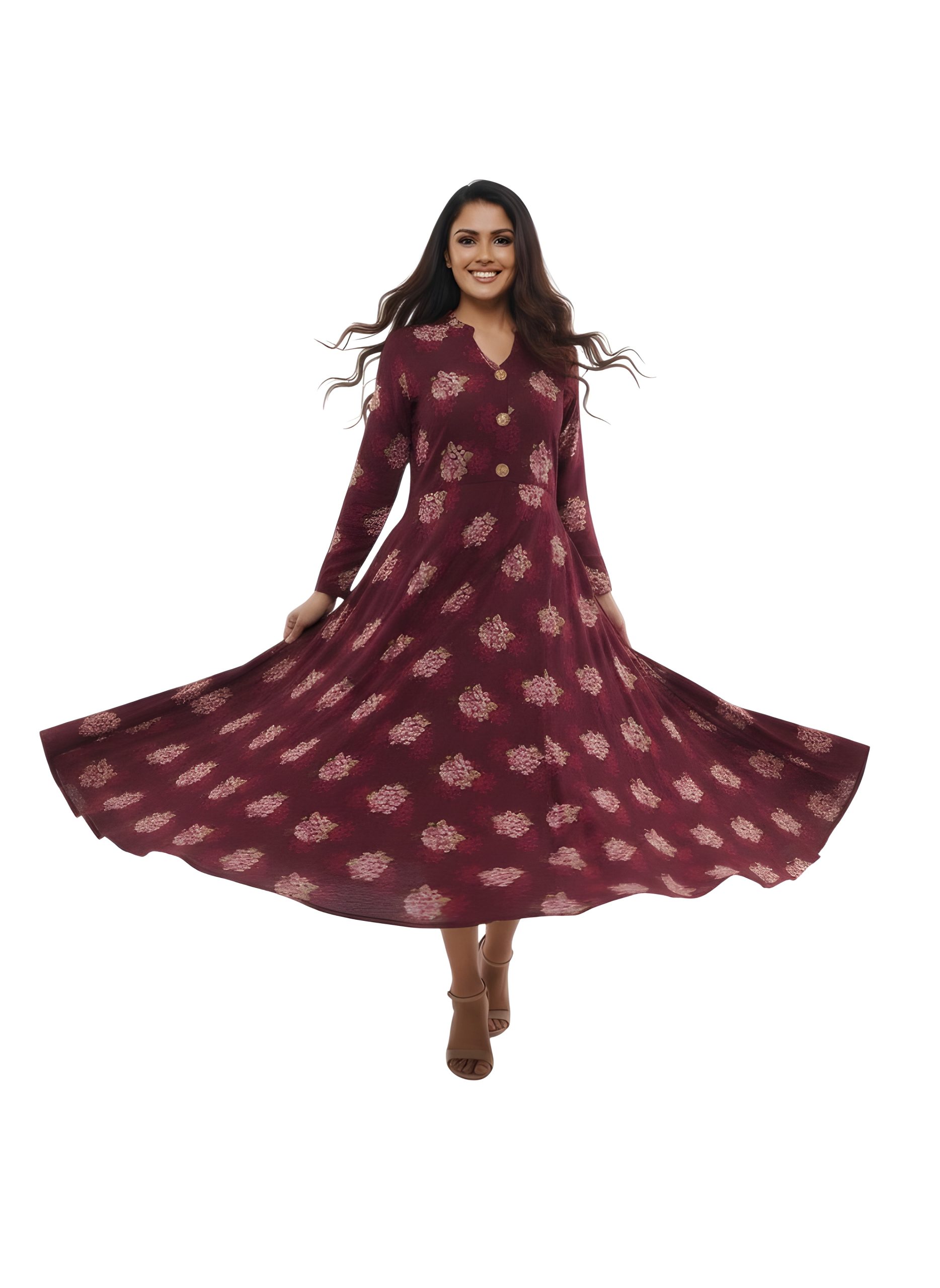 Deep Burgundy or maroon base color floor-length maxi dress - Image 3