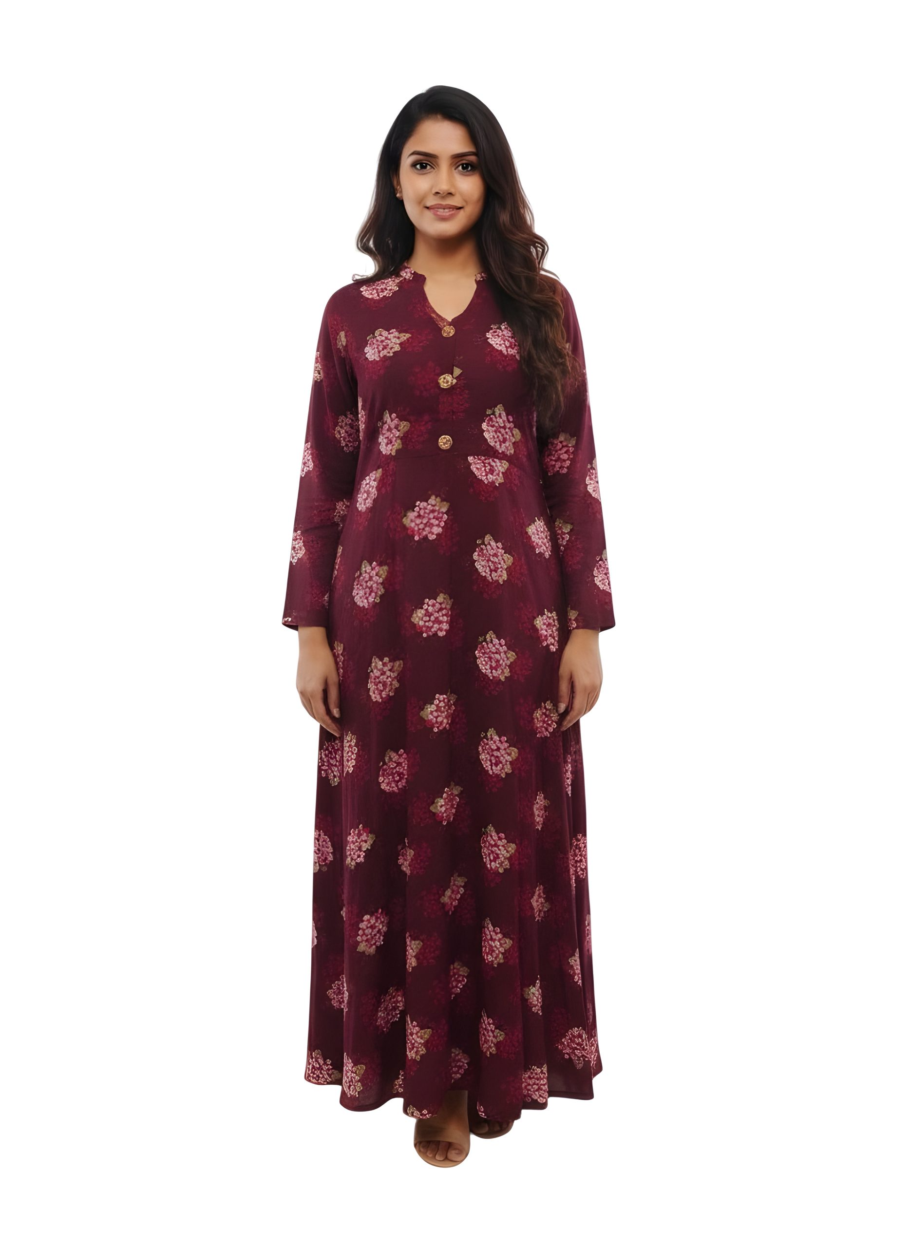 Deep Burgundy or maroon base color floor-length maxi dress