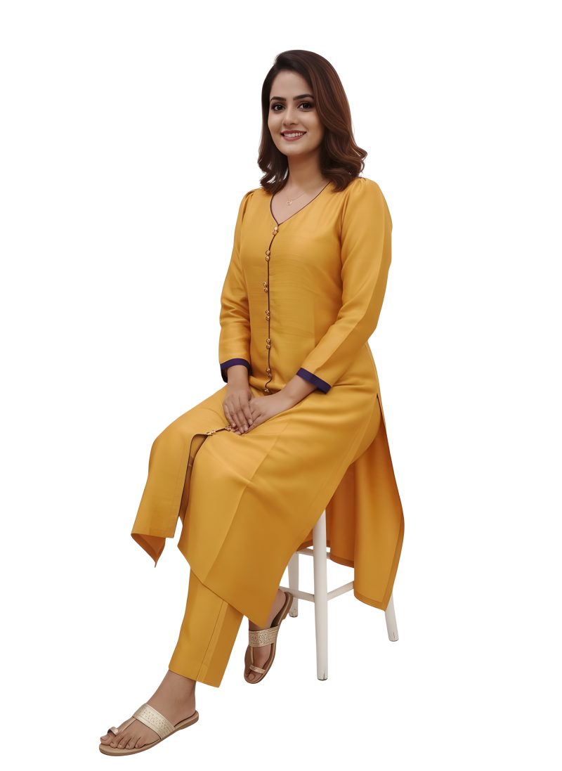 mustard yellow khadi silk kurta set - Image 2